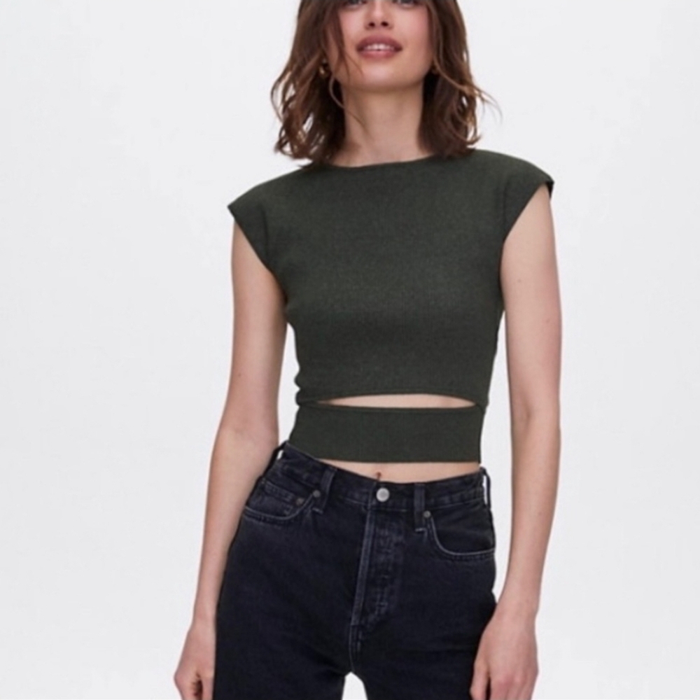 Aritzia Wilfred Yacine Knit Top Short Sleeve Grey Cut Out Sz Small